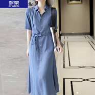 羅蒙（ROMON）  牛仔連衣裙女夏2022新款胖.mm氣質(zhì)熟風(fēng)收腰顯瘦復(fù)古短袖襯衫長 牛仔藍(lán) XL (建議116-125斤)