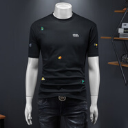 SHANBAO短袖t恤男寬松闊版夏裝上衣T恤刺繡小標帥氣體恤衫透氣吸汗小衫潮 3040黑色 XL