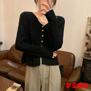 事思設(shè)計(jì)感v領(lǐng)開(kāi)衫糖果色針織外套女早春新款寬松顯瘦百搭針織衫毛衣 黑色 XL