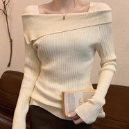 渾小象一字肩毛衣女打底衫秋冬新款針織衫女裝女士毛衣上衣內(nèi)搭可外穿 一字領(lǐng)不規(guī)則針織衫【杏色】 均碼 建議80-130斤