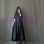 智兜兜森女日系棉麻連衣裙女長(zhǎng)袖白色仙女大擺亞麻袍子長(zhǎng)裙夏高端綿 黑色 均碼