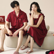 富信康結婚睡衣情侶新婚套裝春夏季大紅色睡裙純棉男女喜慶本命年家居服 GLQ-6818 2XL -女【高170-175-重140-165】