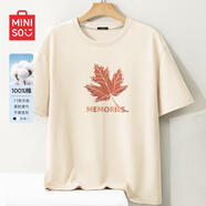 名創(chuàng)優(yōu)品（MINISO）圓領短袖t恤男夏季國潮體恤寬松休閑純棉百搭半袖衫中國風上衣服 淺米(回憶楓中標) L 體重120-140斤左右