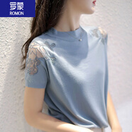 羅蒙（ROMON）女裝短袖T恤女2024夏季新款休閑鏤空網(wǎng)紗刺繡冰絲圓領(lǐng)針織T恤上衣 藍色 M 100-120斤