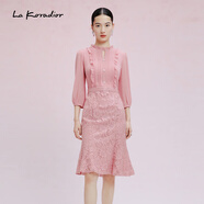 拉珂蒂（La Koradior）時(shí)尚夏季新款水光釘珠淑女繡花蕾絲魚(yú)尾連衣裙 淡紅色 S