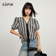 速品SUPIN女裝肌理感小衫V領(lǐng)綁帶設(shè)計泡泡袖短袖衫 S05黑白條 M