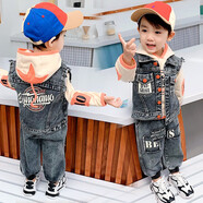 優(yōu)美童男童三件套套裝秋裝2024新款男寶寶運動(dòng)兒童春秋季小孩衣服 A款牛仔馬甲+衛衣+褲子 130碼建議身高120-130（5-6歲）