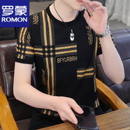羅蒙（ROMON）高品質(zhì)冰絲鏤空t恤男夏季薄款修身印花蜂窩網(wǎng)眼透氣上衣男款體恤 882黑金色 4XL 180-205斤