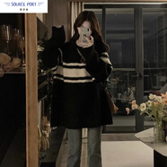 壹源港黑白條紋毛衣女寬松外穿慵懶風百搭顯瘦春夏新款針織衫上衣長袖潮 1239_黑色  XL (建議125-150斤)
