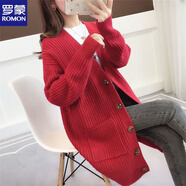 羅蒙（ROMON）中長款毛衣開衫外套女寬松慵懶風(fēng)秋冬針織衫洋氣加厚百搭學(xué)生 紅色 L