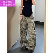 夢夢奇美式復(fù)古迷彩工裝褲女高街設(shè)計(jì)感多口袋休閑寬松闊腿褲子米采服裝 迷彩 S