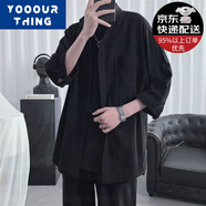 YOOOURTHING 襯衫男純棉潮流港風大碼寬松七分袖襯衣夏季休閑薄款外套男 黑色 5XL (建議200-220斤)