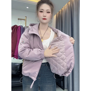 依伊純春秋短款連帽雙拉鏈沖鋒衣外套女新款韓版寬松顯瘦百搭小個(gè)子上衣 淺紫色加棉 加厚 M 105-115斤