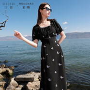 三彩大碼女裝2025夏季新款法式方領(lǐng)刺繡連衣裙收腰木耳邊系帶胖MM