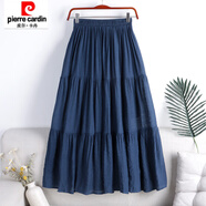 皮爾卡丹棉麻布料拼接半身長(cháng)裙女春秋高腰顯瘦松緊腰垂感大擺裙子 藍色 均碼