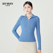 深呼吸DEEP BREATH女裝豎坑條拉鏈翻領修身純羊毛針織衫女A300996 靜謐藍 S (2碼)
