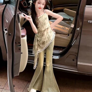 格素凡女童吊帶裙套裝夏裝2025新款洋氣時(shí)尚中大童牛仔喇叭褲兩件套 碎花吊帶+復古喇叭褲 150 建議身高1米45左右