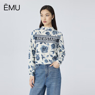 emu依妙早秋新款玫瑰印花圖案長袖內(nèi)搭外穿顯瘦款羊毛針織衫 藍色 S