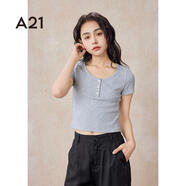 A21女裝短袖t恤女夏季純欲風(fēng)設(shè)計(jì)感小個(gè)子紐扣內(nèi)搭上衣 花灰 S
