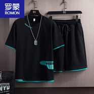 羅蒙（ROMON）短袖t恤男士休閑套裝夏季薄款純棉潮流帥氣百搭冰絲體恤上衣短褲 黑色2340+黑綠813(一套) M