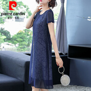 皮爾卡丹（pierre cardin）媽l媽雪紡連衣裙女200斤胖大l碼裙子闊太太洋氣2025夏天假套裝針 藍(lán)色 XL 115-130斤