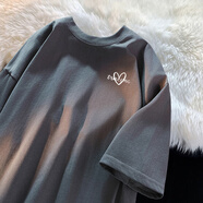 普達馳100%純棉短袖t恤男女學(xué)生夏季新款潮牌上衣ins港風(fēng)寬松百搭情侶裝 深灰色_胸前小愛(ài)心 XL