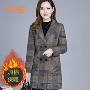 FSHE媽媽秋裝新款外套氣質(zhì)高貴中長(cháng)款上衣40歲中老年女裝春秋格子風(fēng)衣 卡其色_加棉款 4XL(140-155)