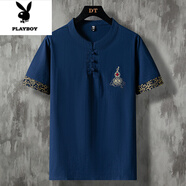 花花公子（PLAYBOY）中國風(fēng)男裝t恤夏季新中式亞麻七分半袖唐裝男款棉麻刺繡短袖漢服 藏青色B 【刺繡工藝】 3XL 160斤至180斤可穿