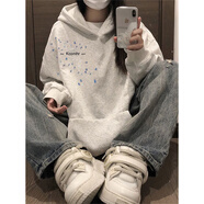 燦圖美式高街連帽衛(wèi)衣女春秋季新款加絨加厚小個(gè)子寬松休閑上衣服外套 白灰色【常規(guī)款】 L