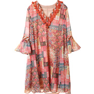 蓮燦春秋新波西米亞碎花V領(lǐng)拼接甜美短袖大擺雪紡連衣裙女 花色 L