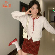 乖甜星韓系學(xué)院風(fēng)穿搭套裝女新春百搭針織衫毛衣紅格子包臀半身裙一整套 波點毛衣+紅格半身裙 兩件套 S 建議70-85斤