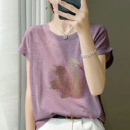 簡(jiǎn)言的夏冬短袖t恤女2025新款夏季竹節(jié)棉T恤女圓領(lǐng)洋氣百搭小衫蝙蝠袖上衣 紫色 燙鉆 M 建議85-105斤