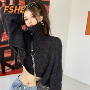 FSHE韓版寬松麻花毛衣女2025春秋新款百搭長袖針織衫女高領(lǐng)短款上衣冬 黑色 M