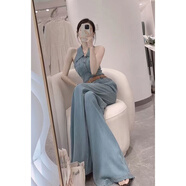 源夫人高端精致牛仔連體闊腿褲時(shí)尚洋氣高腰顯瘦氣質(zhì)小個(gè)子連衣褲女夏季 牛仔連體褲【送腰帶】 S 100斤以下