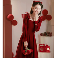 麥斯貝思（MAISIBEISI）敬酒服小個子新娘冬季新款訂婚連衣裙酒紅色禮服裙女回門秋冬 酒紅色 M