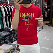 南極人美式燙鉆男士短袖t恤夏季潮牌內搭圓領修身半袖白侶裝 紅色 M