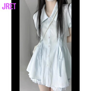 Jret藍(lán)色polo領(lǐng)收腰短袖連衣裙女夏季感襯衫裙子甜美短褲裙兩件套 連衣裙【夏日多巴胺穿搭/成 S (80-95斤)
