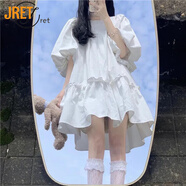 Jret日系甜美軟妹連衣裙女2024夏季新款寬松顯瘦小清新泡泡袖娃娃裙 白色 S 建議80-95斤