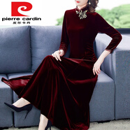 皮爾卡丹（pierre cardin）中國(guó)風(fēng)改良版旗袍禮服修身金絲絨連衣裙春秋新款女裝 酒紅色 3XL