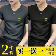 栢斐荻（BYPHYTEE） 冰絲夏季新款男士v領(lǐng)短袖t恤修身上衣服半袖體恤衫潮流男裝 兩件裝【黑色+深灰色】 L 建議100-120斤
