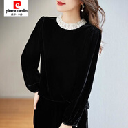 皮爾卡丹（pierre cardin）【42%回購率】高端金絲絨氣質(zhì)打底衫花邊長(cháng)袖半高領(lǐng)洋氣減齡顯瘦T 黑色 2XL 131-145斤