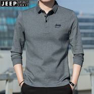 JEEP SPIRIT吉普休閑翻領(lǐng)中年長(cháng)袖t恤寬松爸爸體恤衫大碼棉質(zhì)繡標開(kāi)衩上衣厚 灰色 厚款 L 175/96A 建議135-145斤