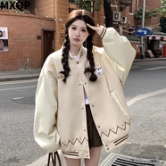 MXQP復古棒球服外套女2025春秋季新款小羊刺繡學(xué)生設計感寬松情侶夾克 A22杏色 【皮袖雙層寬松版】 L 【建議100-125斤】