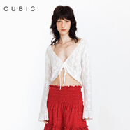 CUBIC鏤空針織鉤花深V領(lǐng)系帶荷葉邊針織開(kāi)衫 白色 均碼