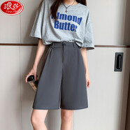 浪莎工裝短褲女夏季薄款寬松大碼外穿休閑百搭港味五分中褲高腰垂感顯瘦a字直筒女士闊腿西褲子 灰色 S 80-95斤