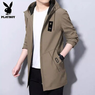 花花公子（PLAYBOY）風(fēng)衣男中長(zhǎng)款春秋季新款外套男裝連帽大衣大碼青年學(xué)生上衣 8929卡其色常規(guī)款 XL