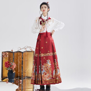 斐莉玥鸞鳳仿妝花馬面裙敬酒服女訂婚套裝2025新款春秋明制漢服日常可穿 酒紅色套裝+云肩 S