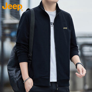 吉普（JEEP）衛(wèi)衣男春秋季休閑開衫外套男士寬松立領(lǐng)衣服男裝 黑色 XL 