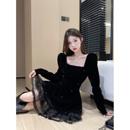 阿瑪瑟（amase）小香風(fēng)方領(lǐng)金絲絨連衣裙女秋冬蕾絲小媽短裙生日禮服蓬蓬小黑裙子 黑色 S