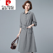 皮爾卡丹（pierre cardin）2025年春季新款韓版中長(zhǎng)款翻領(lǐng)格子長(zhǎng)袖連衣裙黑白小格時(shí)尚女裙子 黑白格 L